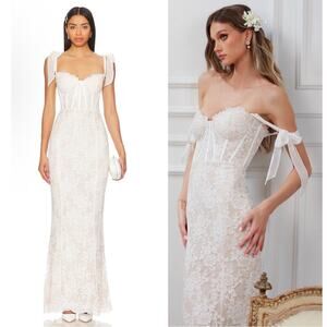 V. CHAPMAN Romanza Chantilly Lace Bustier Corset Tie Strap White Maxi Dress Sz 0